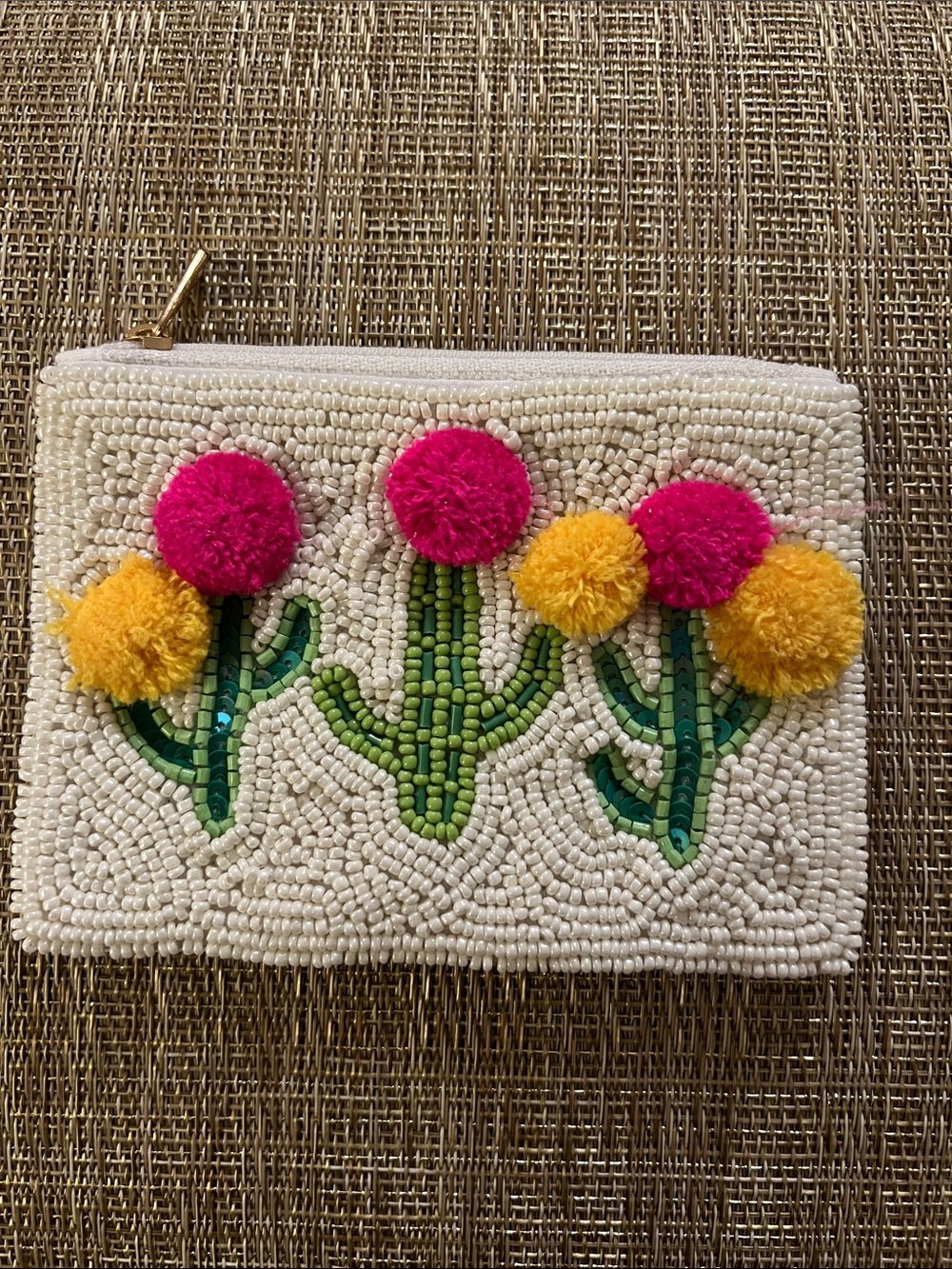 Beaded Cactus Pom Pouch in Cream with Pink & Yellow Pom-Poms
